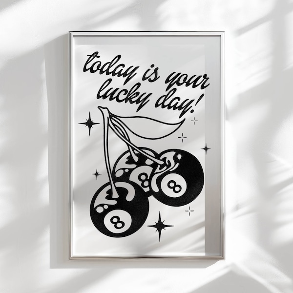 retro art print y2k poster college apartment decor, black and white art lucky you poster funky decor, neutral funky wall art bar cart decor