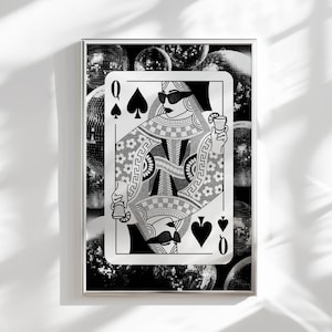 black white queen of hearts edgy wall art disco ball poster funky dorm decor, bar cart art cocktail print disco ball decor groovy wall art