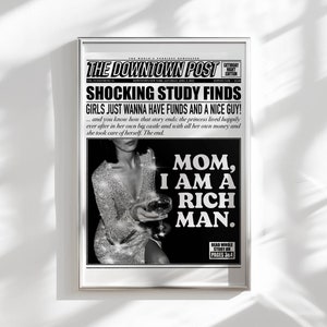 ママ、私は金持ちの男 新聞の見出しポスター ダウンタウンガール グランジルーム装飾 バーカートアクセサリー、バーカートアート ファンキーな大学寮の装飾