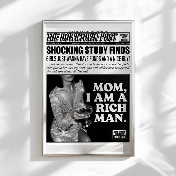 Mom I Am A Rich Man Newspaper Headline Poster Downtown Girl Grunge Room Decor Bar Cart Accessories, Bar Cart Art Funky College Dorm Decor