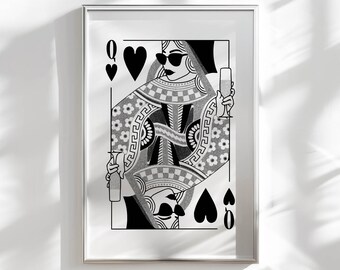 black white queen of hearts edgy wall art funky print, college apartment decor aesthetic wall art groovy poster, bar cart art funky decor
