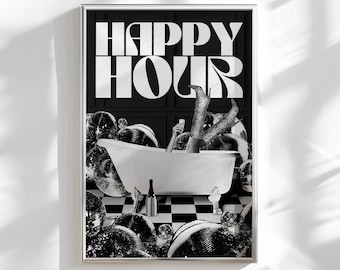happy hour bar carrito imprimir decoración de apartamentos universitarios, arte de pared funky decoración de bola de discoteca cartel de cóctel groovy, decoración de habitación y2k arte de pared estético