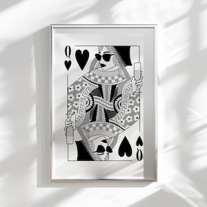 czarno-biała królowa serc edgy wall art funky print, dekoracja mieszkania w college'u estetyczna sztuka ścienna groovy plakat, bar cart art funky decor