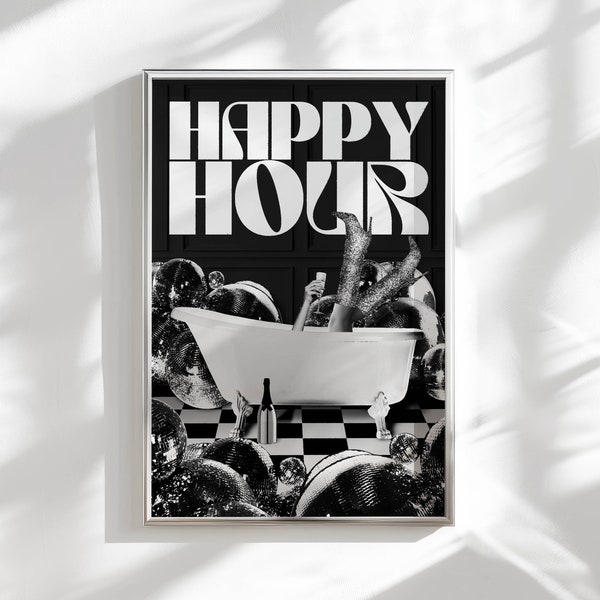 happy hour bar cart print college apartment decor, funky wall art disco ball decor groovy cocktail poster, y2k room decor aesthetic wall art