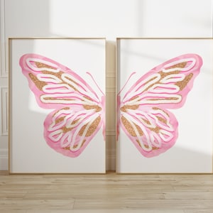 split butterfly wall art set preppy y2k room decor, pastel wall art baby girl nursery decor prints, aesthetic wall art coquette room decor