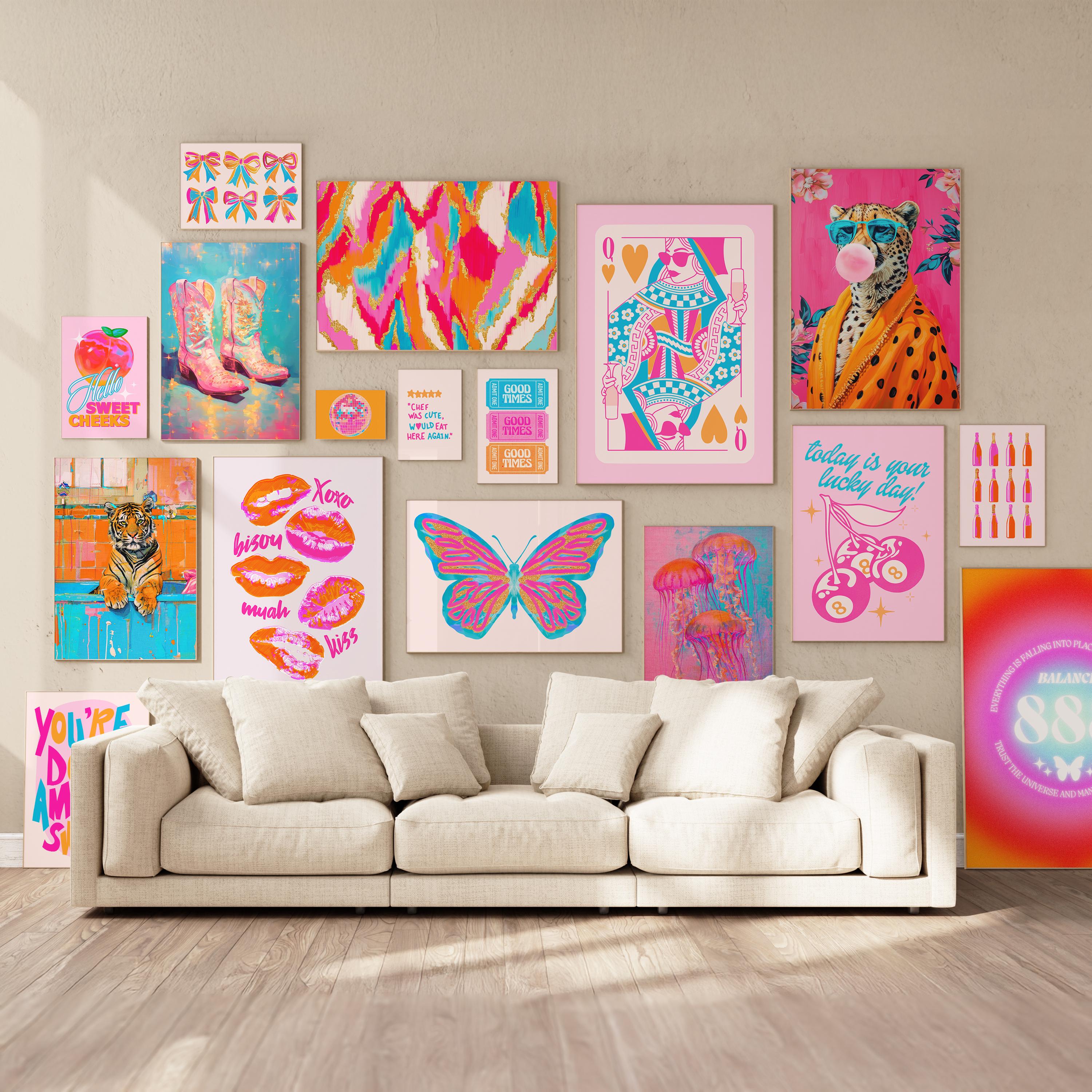 maximalist wall art prints trendy set of 17 preppy prints dopamine decor, funky wall art dorm room prints gallery wall set apartment decor