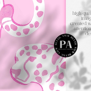 May include: Pink and white abstract pattern with a white background and pink polka dots. The pattern is in the shape of a leopard print. The text "DETAIL VIEW DETAIL VIEW PA PENELOPE ATELIER DETAIL VIEW DETAIL VIEW" is in a black circle.