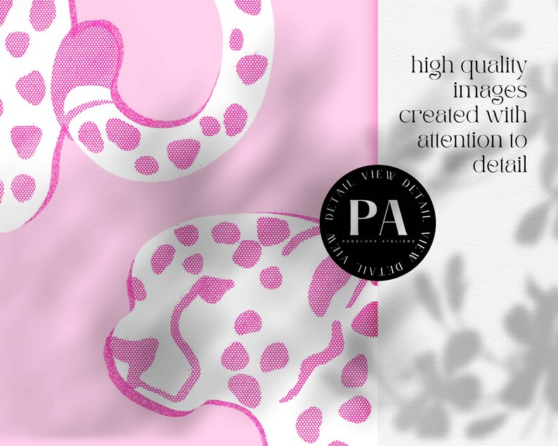 May include: Pink and white abstract pattern with a white background and pink polka dots. The pattern is in the shape of a leopard print. The text "DETAIL VIEW DETAIL VIEW PA PENELOPE ATELIER DETAIL VIEW DETAIL VIEW" is in a black circle.
