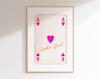 lucky girl syndrome ace of hearts aesthetic poster preppy dorm decor, pink orange wall art funky maximalist decor trendy retro art print