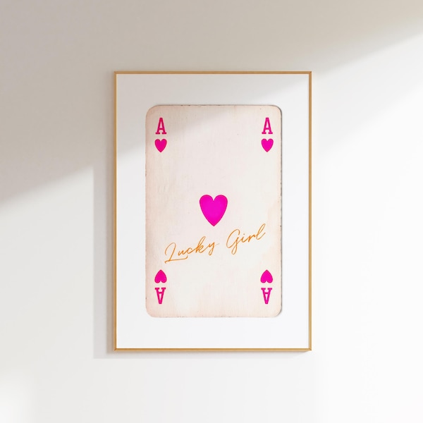 lucky girl syndrome ace of hearts aesthetic poster preppy dorm decor, pink orange wall art funky maximalist decor trendy retro art print