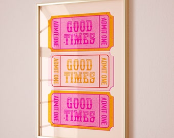 good times ticket funky retro wall art print trendy poster aesthetic room decor, pink orange wall art preppy dorm room decor bar cart art