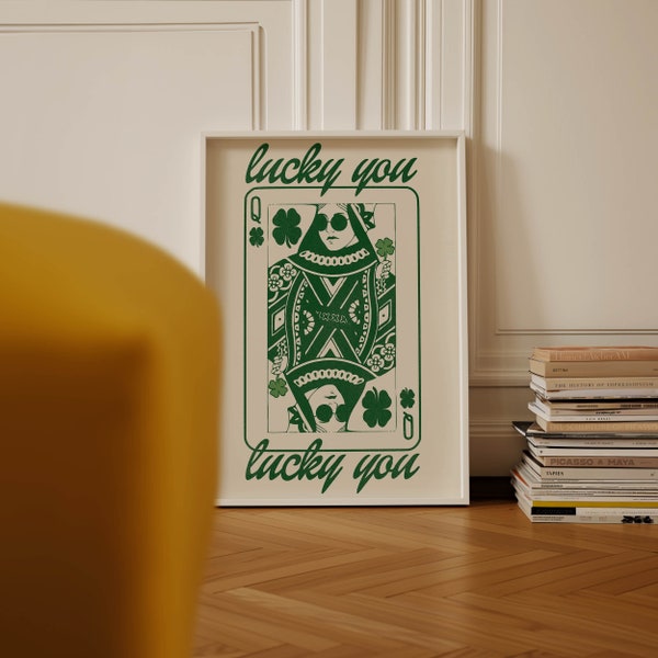 Lucky You Queen of Clovers retro poster, st patricks day clover holiday decor, girly wall art funky decor, green trendy wall art dorm decor