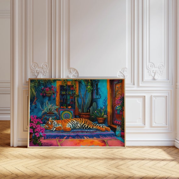 tiger mexican art print dopamine decor, maximalist wall art floral print eclectic wall decor bedroom, bedroom wall art floral home decor