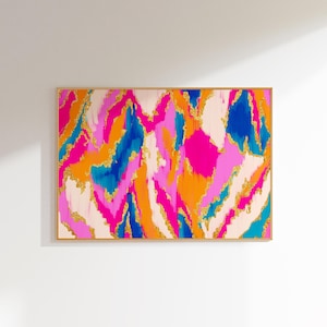 pink orange teal wall art horizontal abstract painting preppy dorm room decor aesthetic girly wall art, hot pink art print dopamine decor