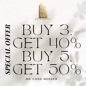 Pode incluir: Gr&aacute;fico promocional com o texto "SPECIAL OFFER" e "BUY 3. GET 40%" e "BUY 5. GET 50%" em uma fonte serif. O logotipo "Bo Ho Me printables" est&aacute; no topo. O fundo &eacute; branco texturizado.