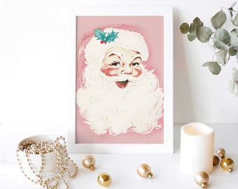 pink santa claus 1950s christmas print, pink christmas wall decor holiday printable, retro christmas vacation seasonal decor winter wall art