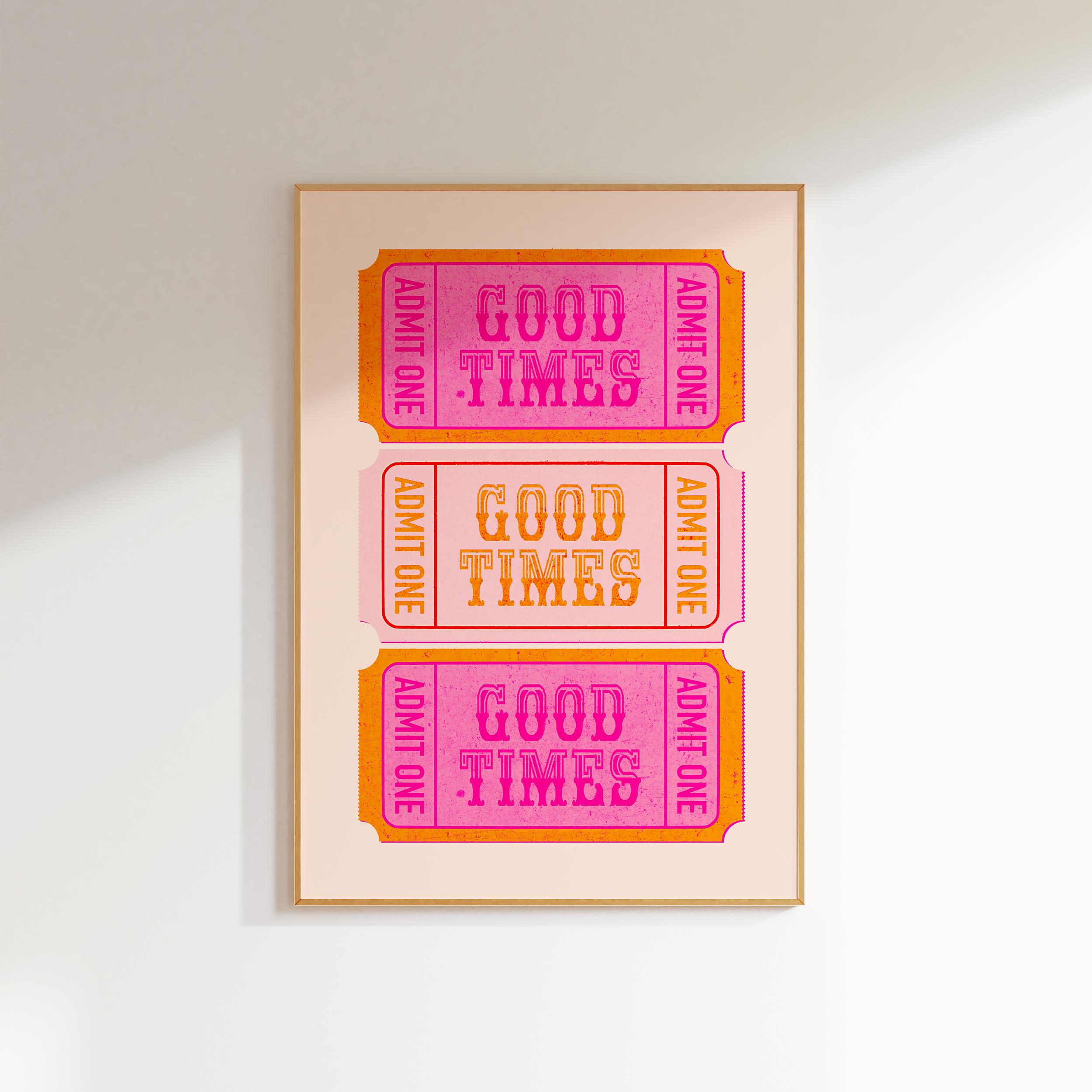 good times ticket funky retro wall art print trendy poster aesthetic room decor, pink orange wall art preppy dorm room decor bar cart art