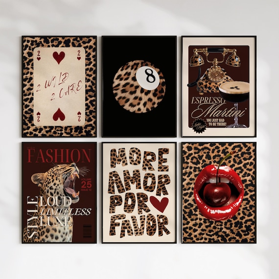 Leopard poster trendy wall art set of 6 prints, dorm room decor aesthetic y2k wall art cheetah prints, funky art prints chic bedroom decor