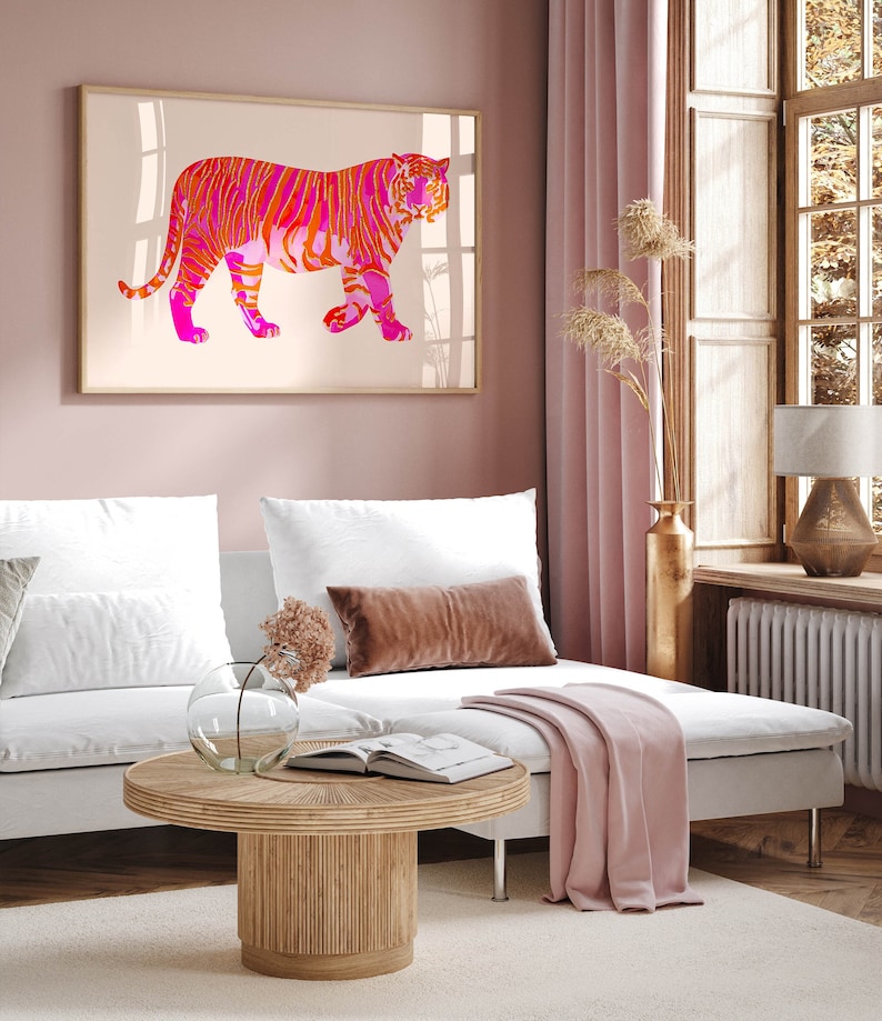 tiger painting large maximalist wall art preppy room decor, funky horizontal wall art college dorm decor, pink orange wall art animal print image 3