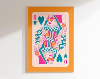 queen of hearts maximalist poster dopamine wall decor funky art prints quirky wall art, maximalist home hot pink decor lucky you wall art