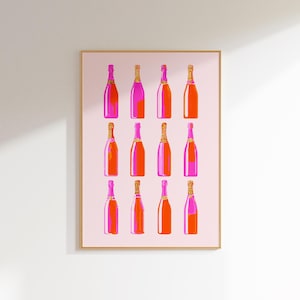 Impression d'art mural champagne, décoration de chariot de bar, art mural rose et orange, décoration d'appartement à la mode, affiche d'alcool, déco rose art de chariot de bar, affiche rose