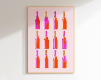 champagne wall art print bar cart decor, pink and orange wall art trendy apartment decor, alcohol poster pink decor bar cart art pink poster