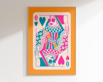 queen of hearrts maximalist home bar cart art print dopamine decor funky art prints, hot pink art print maximalist poster preppy dorm decor