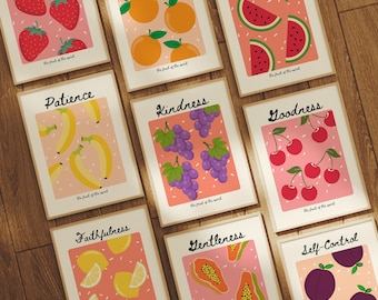 fruit of the spirit wall art set of 9 kitchen prints, bible verse gallery wall art christian wall  decor, christian prints maximalist decor