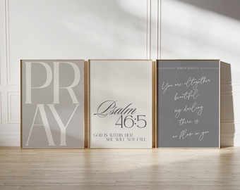 set of 3 bedroom art neutral christian decor, bible verse scripture wall art girl room decor, jesus word wall art minimalist religious decor