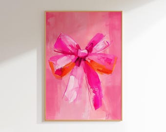 pink bow preppy prints girls bedroom artwork, girly prints dorm room decor cute, trendy pink print girl nursery decor aesthetic wall art