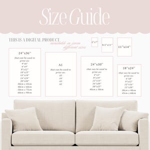 May include: A size guide for digital prints, showing seven different sizes available. The guide includes the dimensions in inches and centimeters, as well as the corresponding paper sizes. The text "This is a digital product" is at the top of the guide.