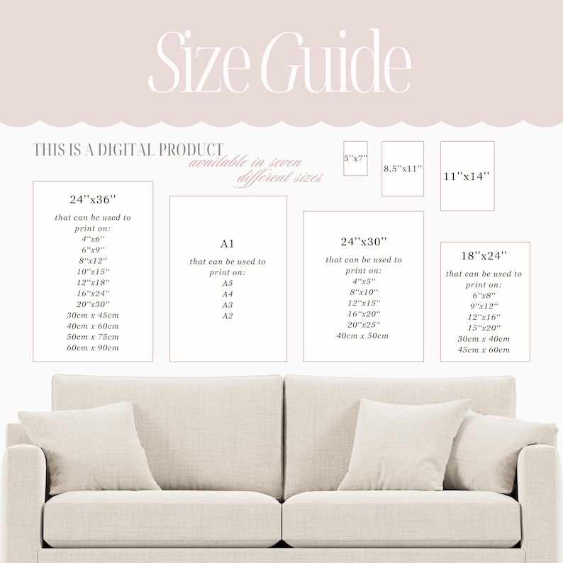 May include: A size guide for digital prints, showing seven different sizes available. The guide includes the dimensions in inches and centimeters, as well as the corresponding paper sizes. The text "This is a digital product" is at the top of the guide.