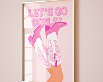 lets go girls cowgirl poster pink wall art trendy apartment decor, pink cowgirl western decor preppy print, pink room decor aesthetic poster