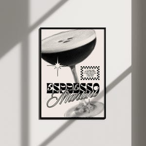 espresso martini cocktail print funky decor, trendy retro wall art college apartment decor aesthetic poster, edgy wall art grunge room decor