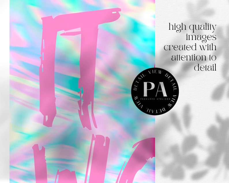 Peut inclure: Des coups de pinceau roses sur un fond holographique avec un cercle noir contenant le texte "DETAIL VIEW PA DETAIL VIEW". Le texte "high quality images created with attention to detail" est sur le c&ocirc;t&eacute; droit de l'image.