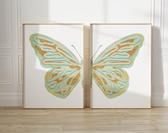 sage green split butterfly wall art set aesthetic room decor, calming wall art baby girl nursery decor prints, preppy poster y2k room decor