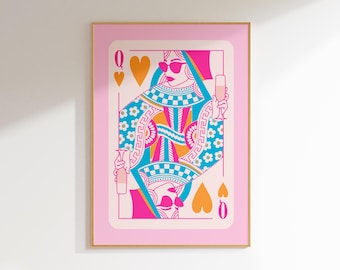 pink and orange wall art queen of hearts print college apartment decor, maximalist wall art dorm room decor, girly wall art funky home decor