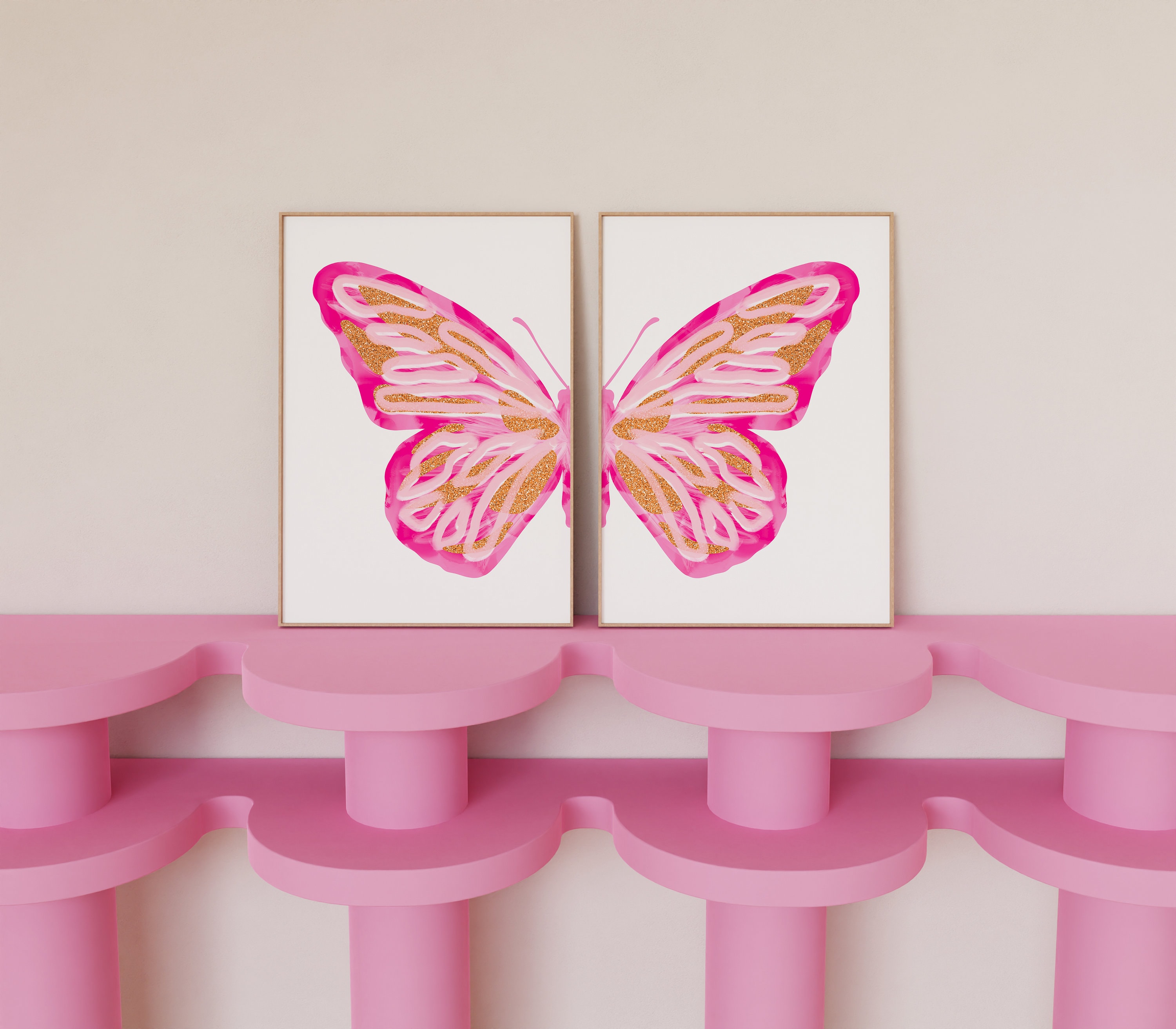 Pink Split Butterfly Wall Art Set Teen Girl Room Decor Aesthetic, Pink ...