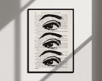 Puede incluir: Impresión en blanco y negro de un ojo de mujer repetido tres veces sobre una página de texto en francés. El texto es del libro "Escenas de la vida parisina" de Honoré de Balzac.