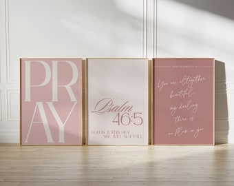 set of 3 bedroom art neutral christian decor, jesus word wall art minimalist religious decor, scripture bible verse wall art girl room decor