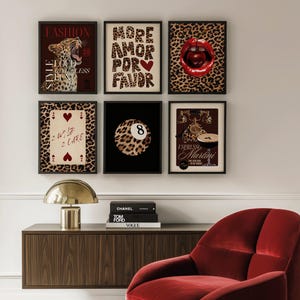 May include: Set of six framed prints with a leopard print background. The prints feature a leopard, a heart, a playing card, a pool ball, a cherry, and a cocktail.