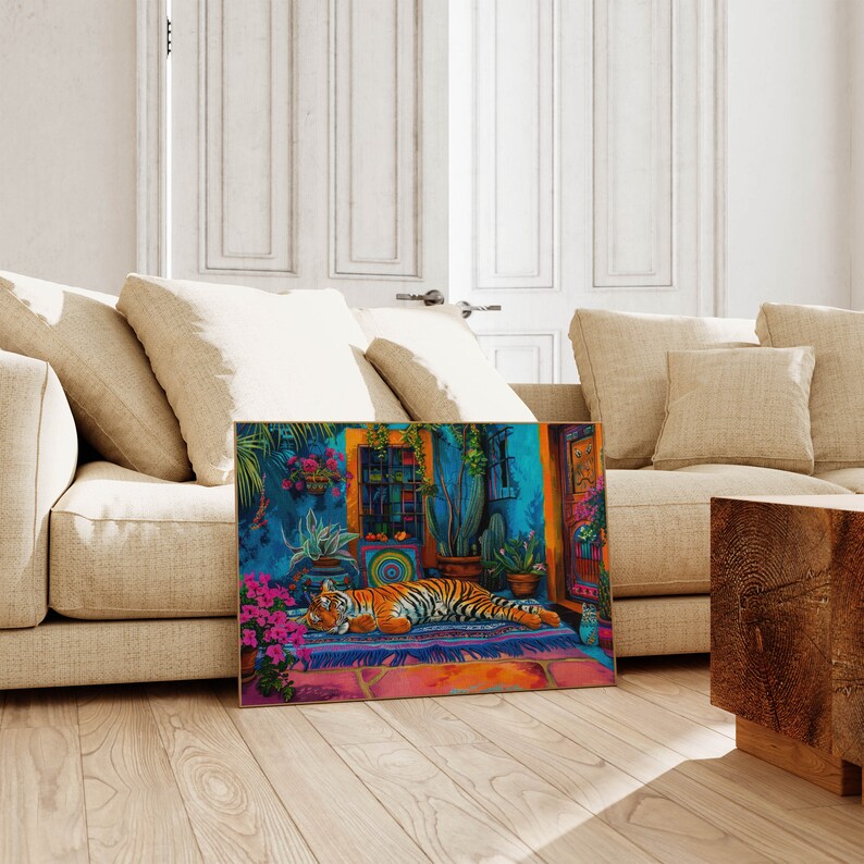 May include: A colorful painting of a tiger lying down on a rug in a room with plants and a door. The walls are blue and the rug is red, orange, and yellow.