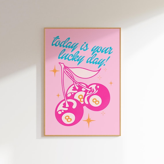 retro wall art print funky home decor, pink and orange wall art college apartment decor, lucky you print funky poster maximalist wall decor
