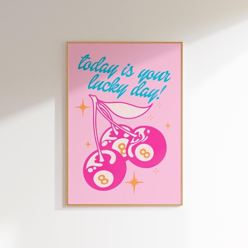 retro wall art print funky home decor, pink and orange wall art college apartment decor, lucky you print funky poster maximalist wall decor image 1