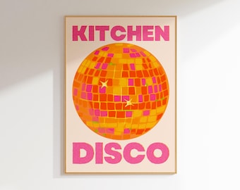 kitchen disco ball print maximalist wall art dopamine decor, pop prints retro kitchen art, funky wall art colorful disco ball kitchen prints