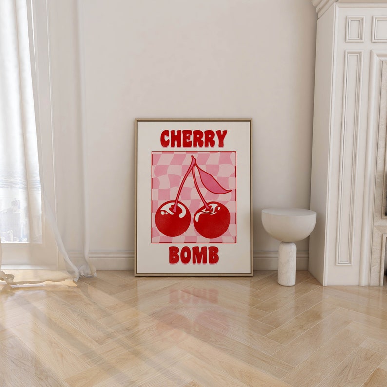 cartel de cereza femme estética coqueta decoración de la habitación cartel estético, arte de la pared de moda decoración del apartamento funky rosa pared arte decoración de la cocina de moda imagen 9