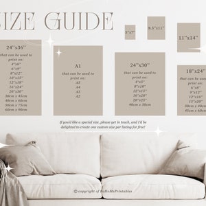 May include: A size guide for printable art, showing different sizes in inches and centimeters. The guide includes sizes for 24x36, 24x30, 18x24, 11x14, 8.5x11, and 5x7 prints. The guide also includes information about printing on different paper sizes, such as A1, A2, A3, A4, and A5.