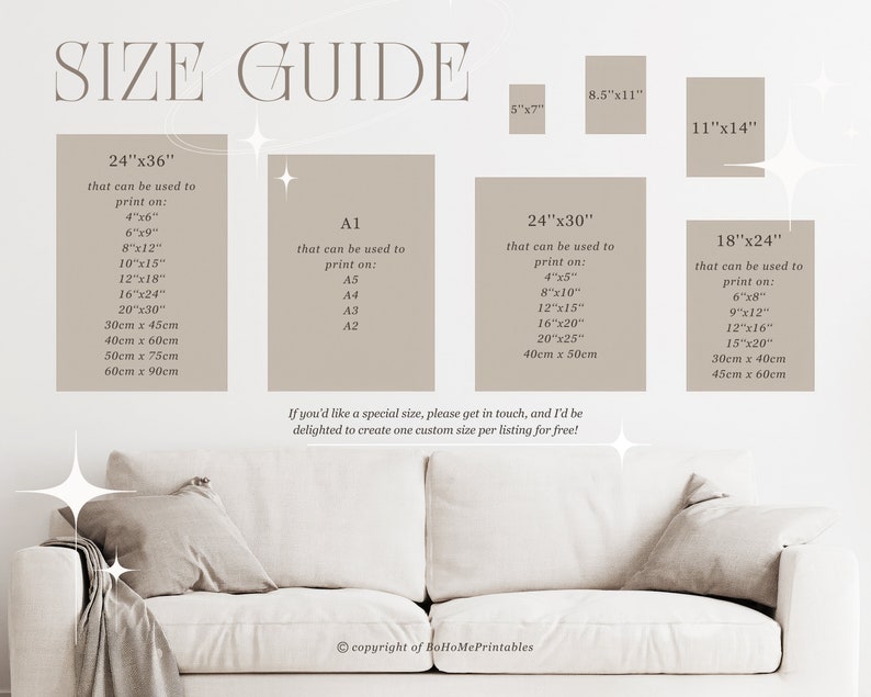May include: A size guide for printable art, showing different sizes in inches and centimeters. The guide includes sizes for 24x36, 24x30, 18x24, 11x14, 8.5x11, and 5x7 prints. The guide also includes information about printing on different paper sizes, such as A1, A2, A3, A4, and A5.
