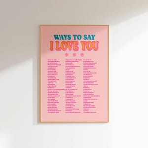 Ways to say I love you pink orange teal girly wall art preppy wall prints maximalist poster, maximalist home funky art prints dopamine decor