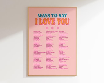 Sposoby na powiedzenie, że cię kocham, różowy, pomarańczowy, turkusowy, dziewczęcy, ścienny, preppy, ścienny, wydruki, plakat maksymalistyczny, maksymalistyczny, domowy, funky, artystyczny, dopamina, wystrój